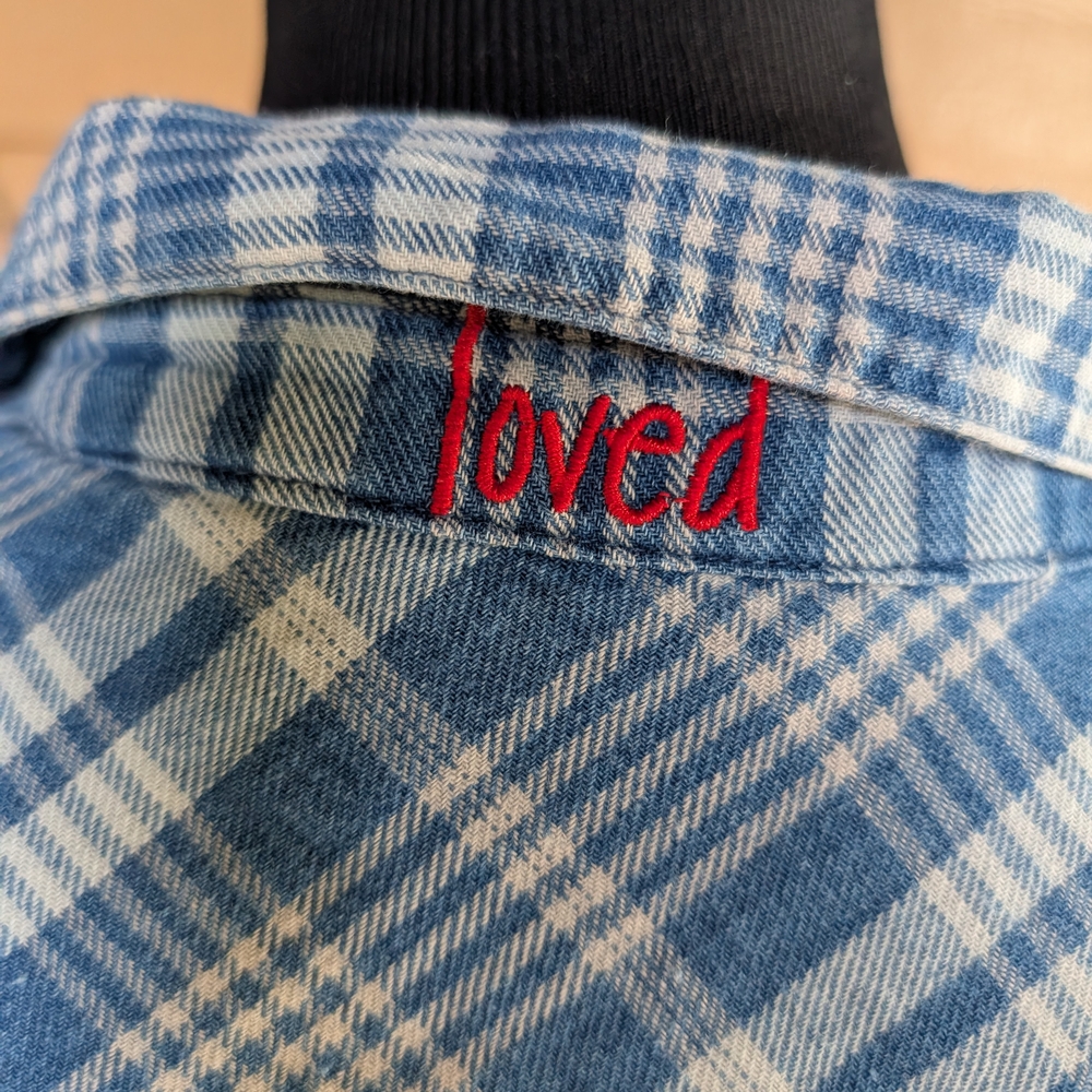 Peace Love World Lve Unites Us Blue and White Plaid Button Down Shirt - Picture 3 of 5